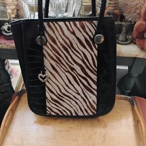 Black Tote Bag with Brown and White Zebra Panel
